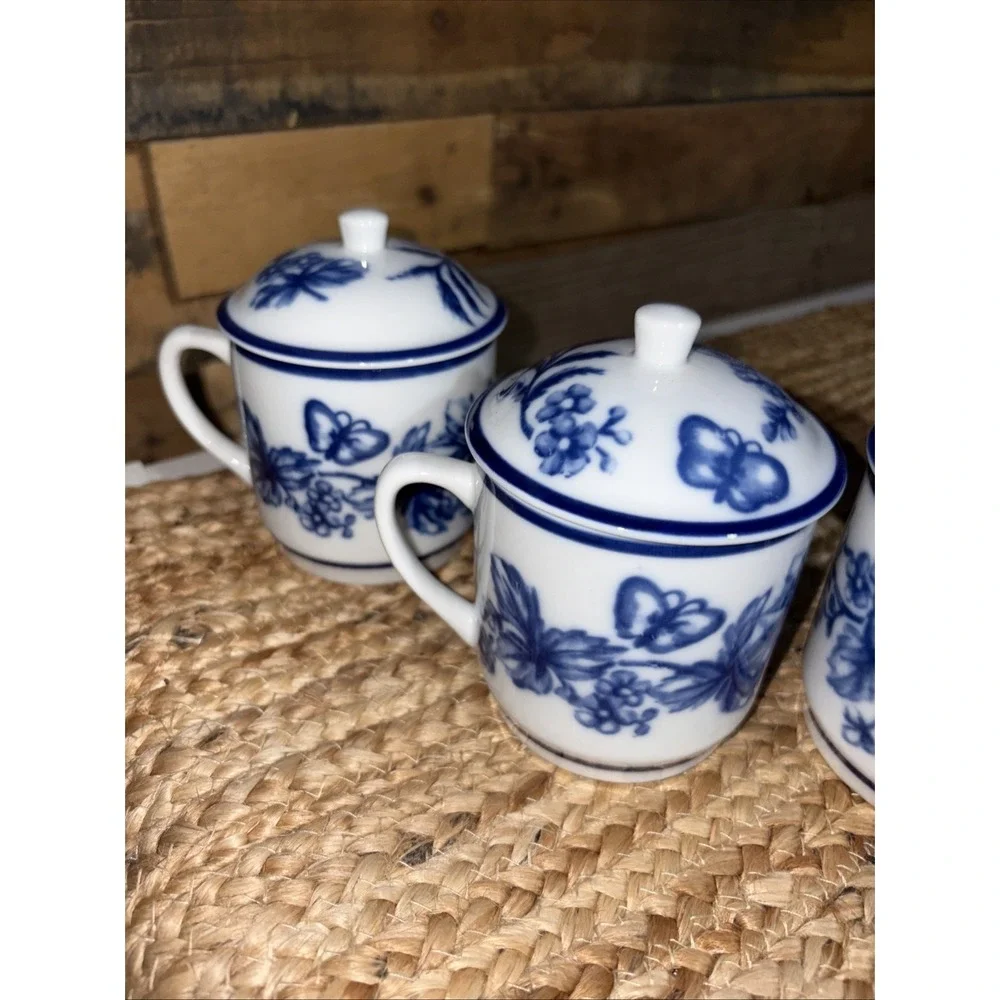 4 Williams Sonoma Flow Blue White Floral Coffee Tea Cup Mug Lids Dishwasher Safe